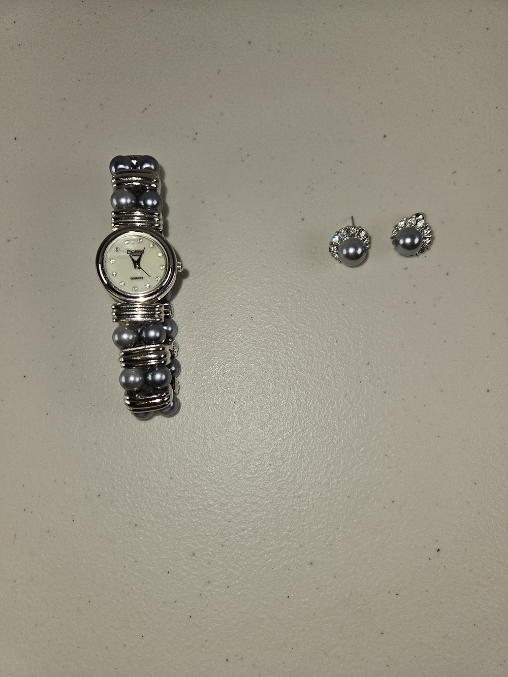 Figaro Silver-Tone Gray Pearl Stud Earrings with Rhinestone Halo And Watch